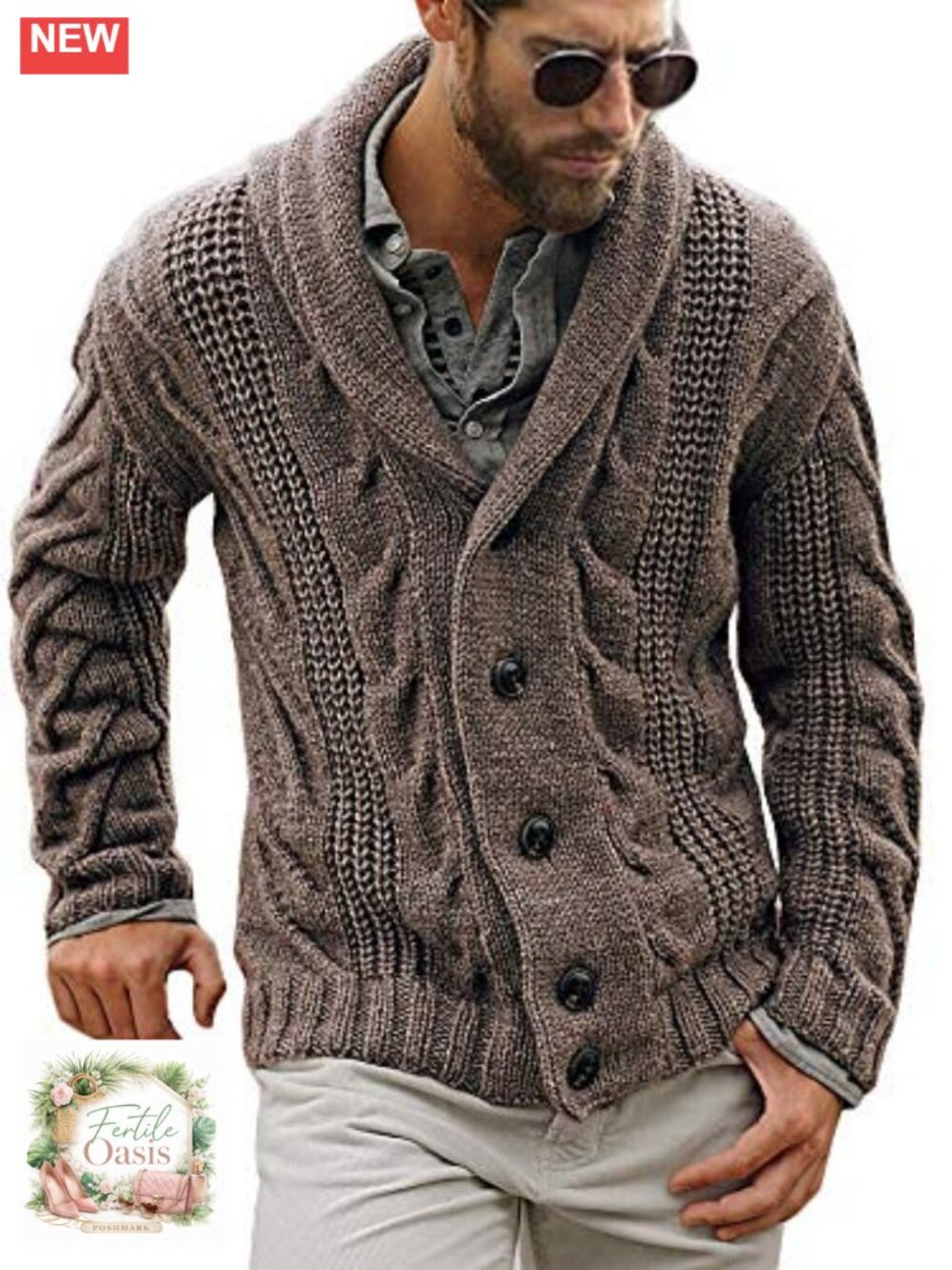 Mens Shawl Collar Cardigan Sweater Cable Knit Chunky Button Long Sleeve Winter